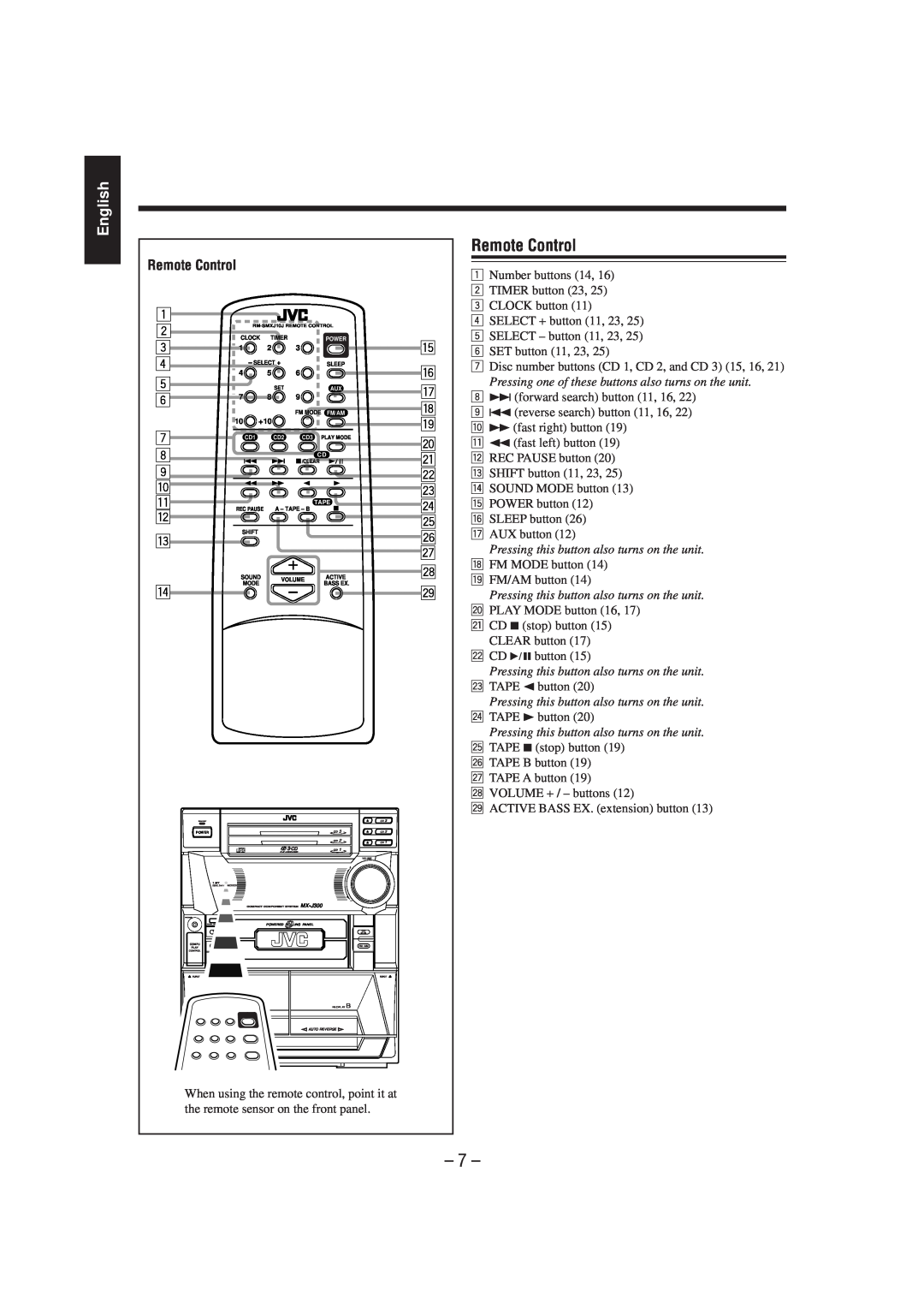 JVC SP-MXJ300, MX-J206, CA-MXJ206, SP-MXJ200, SP-MXJ206, MX-J200 manual Remote Control, English 