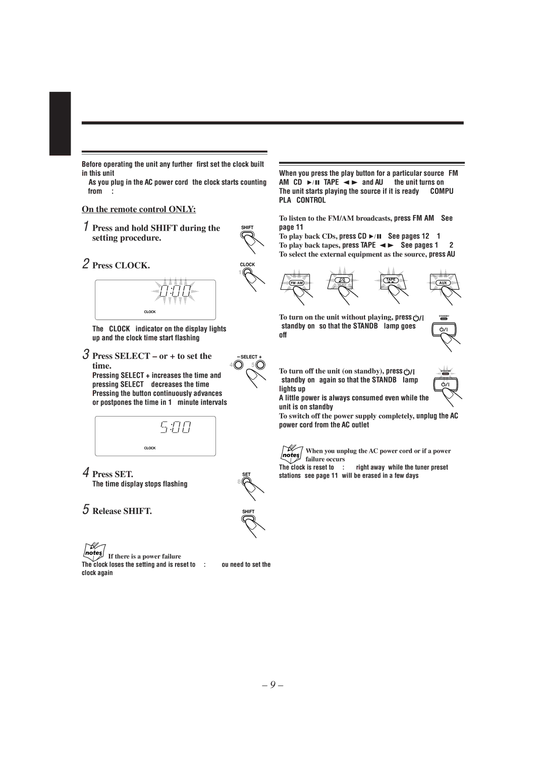 JVC MX-J270V manual Common Operations, Press Select or + to set, Time, Press SET, Release Shift 