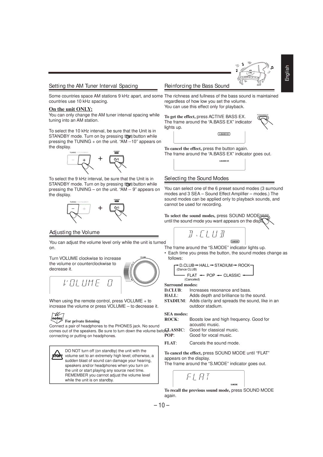 JVC MX-J270V manual Setting the AM Tuner Interval Spacing, Reinforcing the Bass Sound, Selecting the Sound Modes 