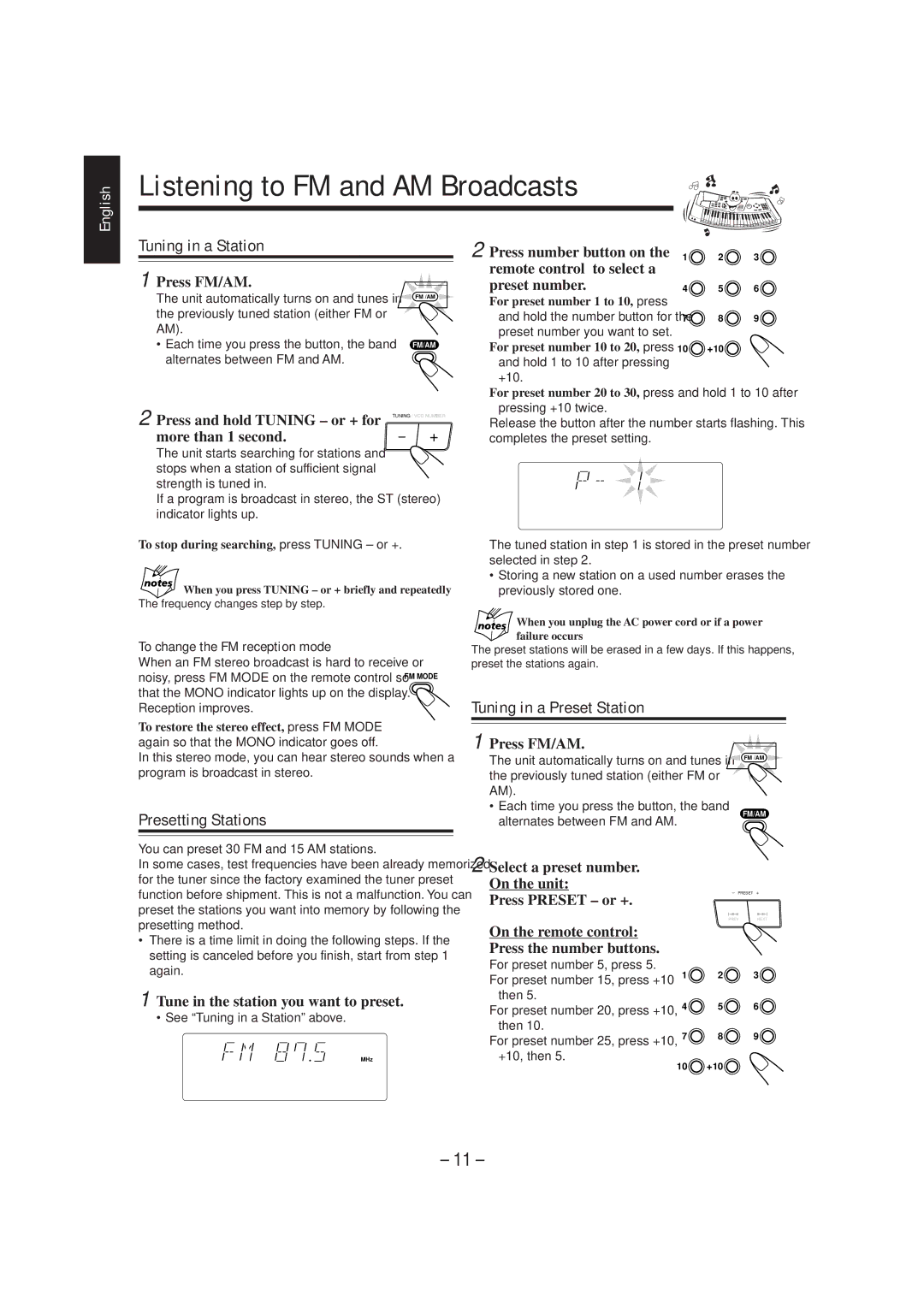 JVC MX-J270V manual Listening to FM and AM Broadcasts, Tuning in a Station, Presetting Stations, Tuning in a Preset Station 