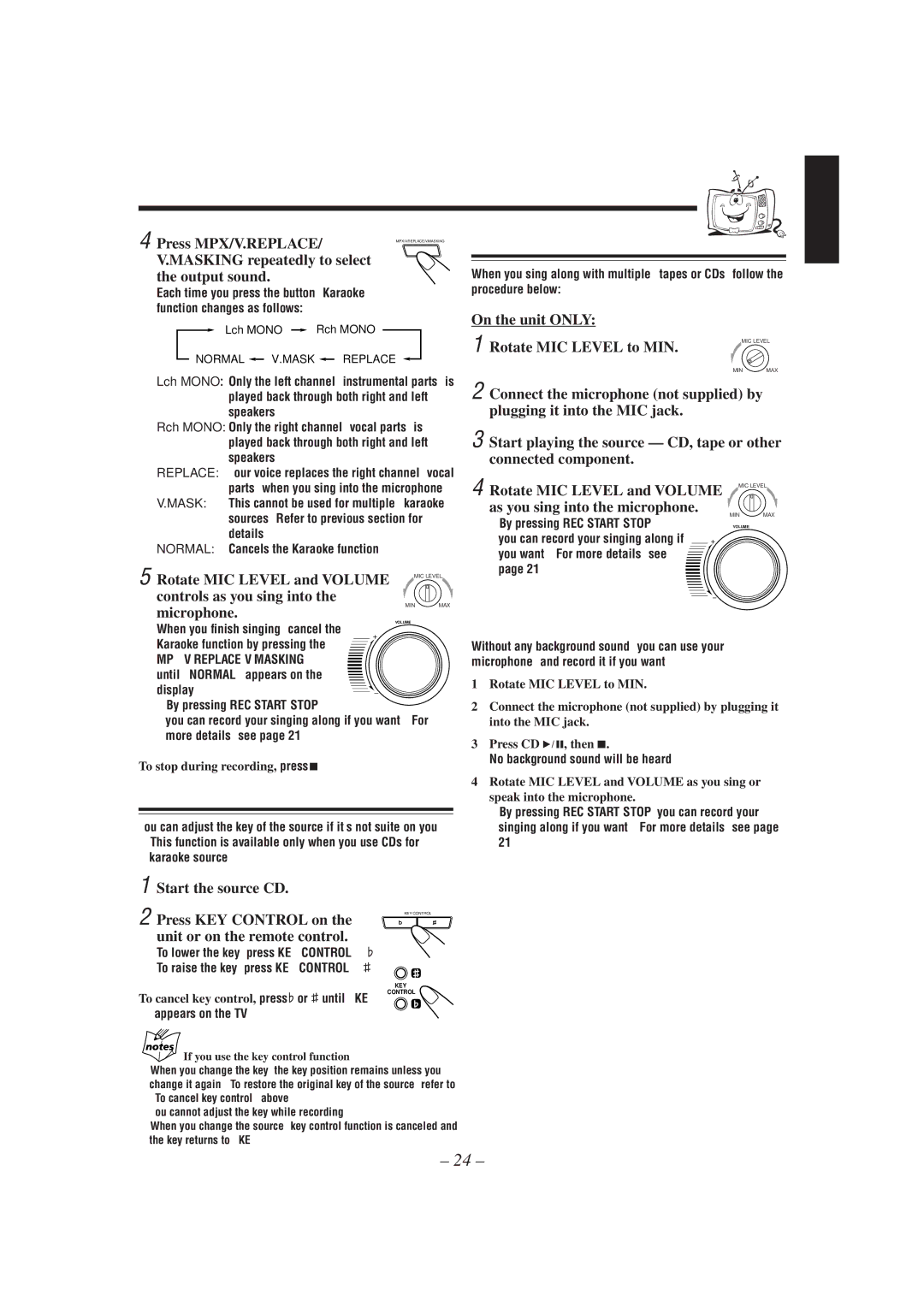 JVC MX-J270V Adjusting Key Control, Microphone Mixing, Masking repeatedly to select Output sound, To use microphone only 