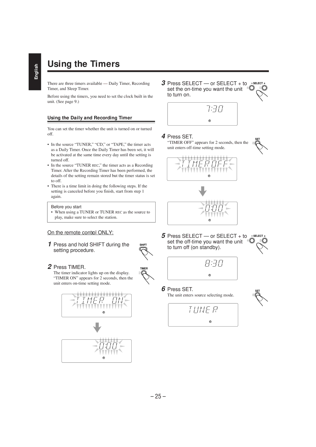 JVC MX-J270V manual Using the Timers, Using the Daily and Recording Timer, Press Select or Select + to, To turn on 