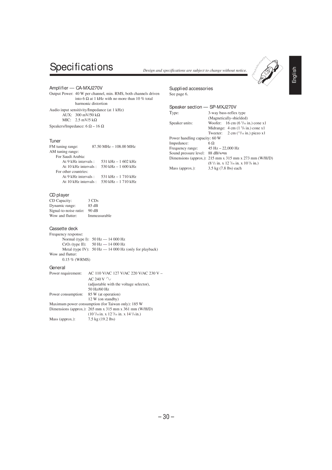 JVC MX-J270V manual Specifications 