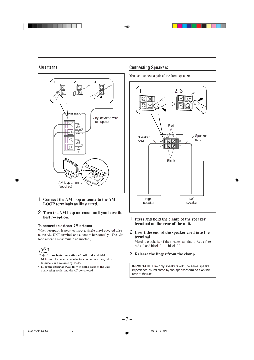 JVC MX-J30 manual Connecting Speakers, Release the finger from the clamp, To connect an outdoor AM antenna 