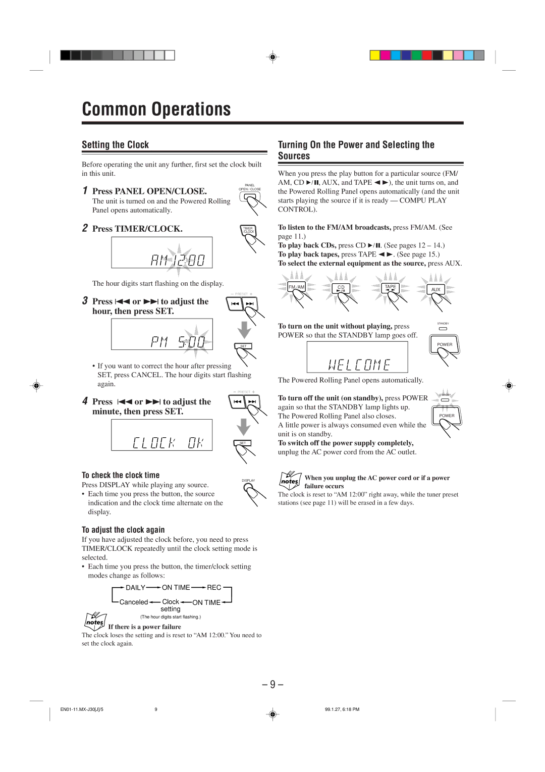 JVC MX-J30 manual Common Operations, Setting the Clock, Turning On the Power and Selecting the Sources 