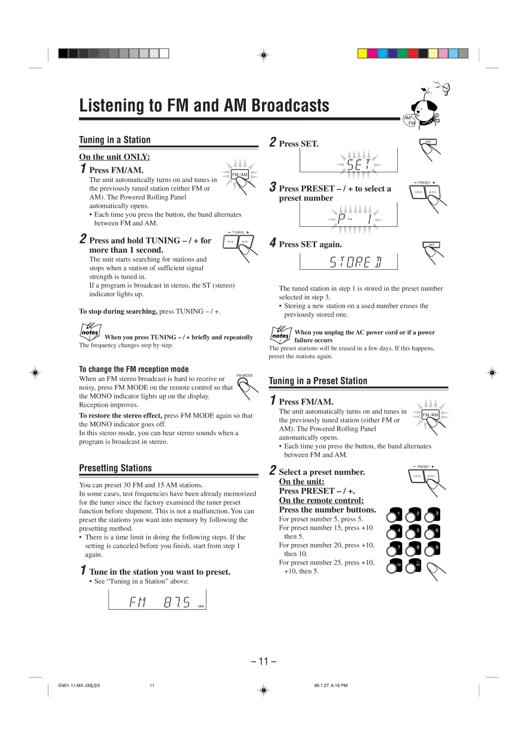 JVC MX-J30 manual Listening to FM and AM Broadcasts, Tuning in a Station, Tuning in a Preset Station, Presetting Stations 