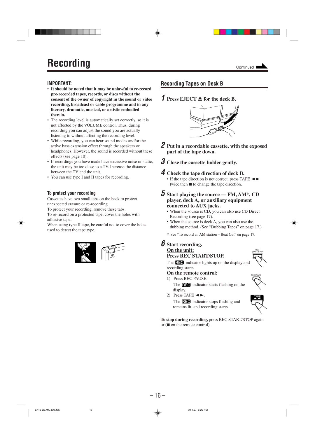 JVC MX-J30 Recording Tapes on Deck B, Start recording On the unit, Press REC START/STOP, To protect your recording 