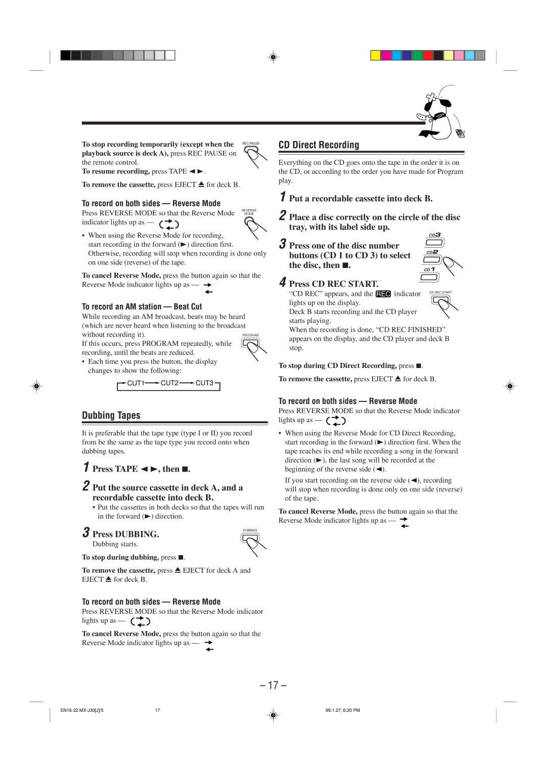 JVC MX-J30 manual Dubbing Tapes, CD Direct Recording 