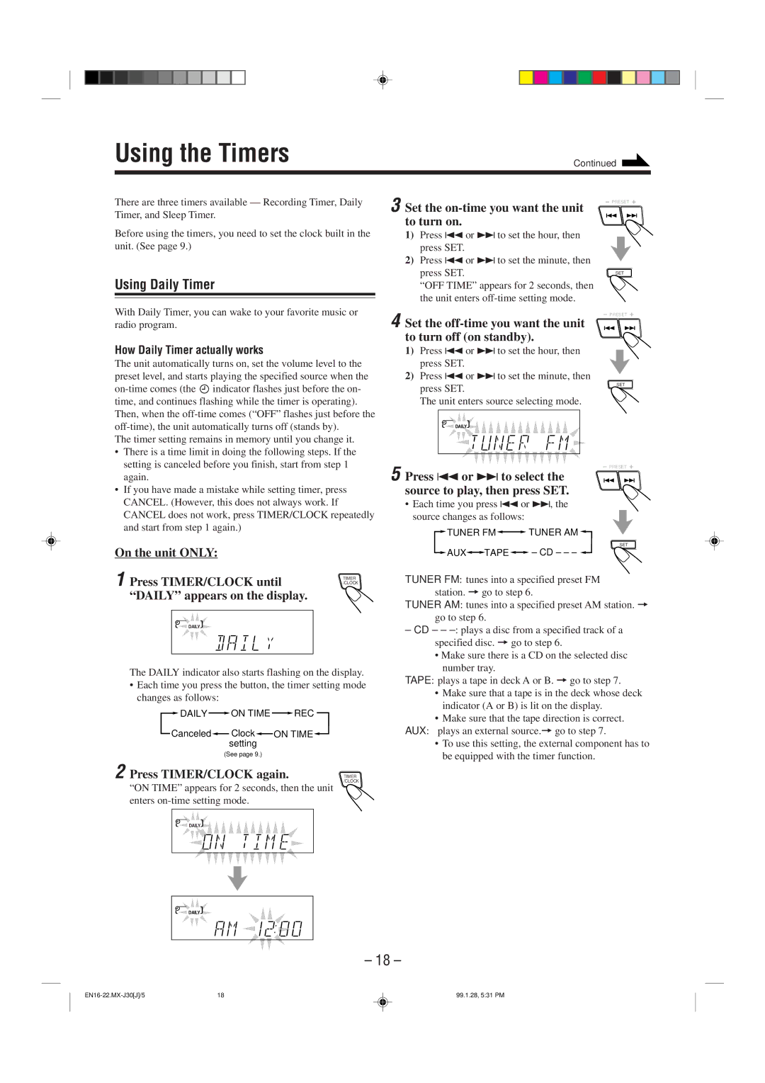 JVC MX-J30 manual Using the Timers, Using Daily Timer 