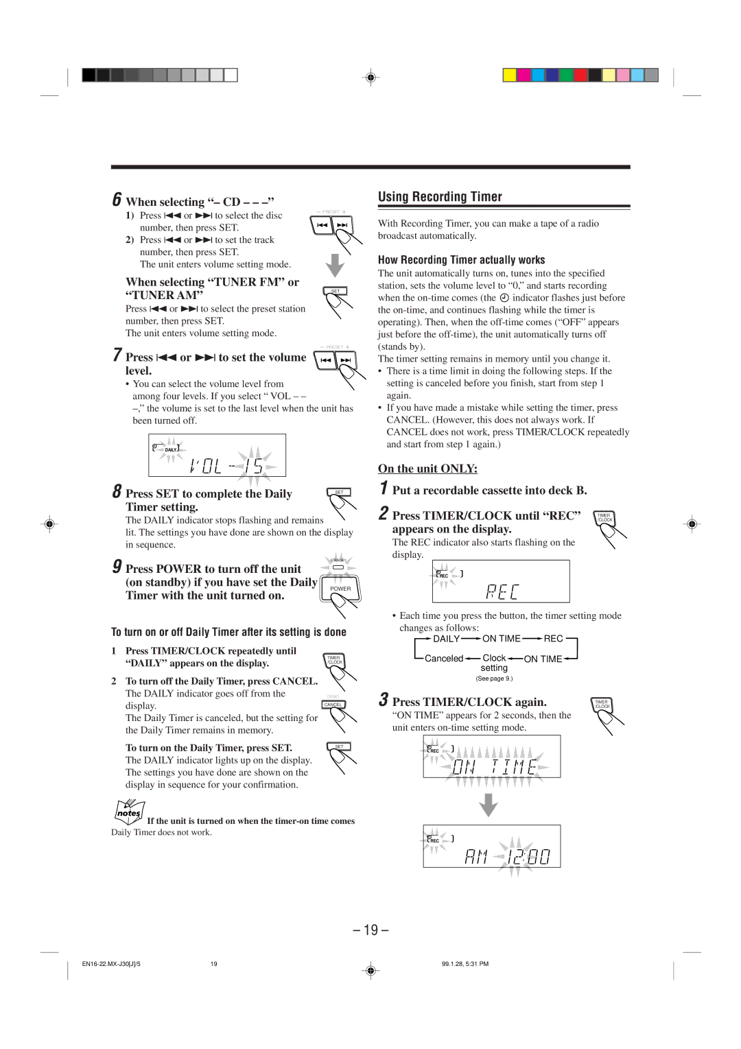 JVC MX-J30 manual Using Recording Timer 