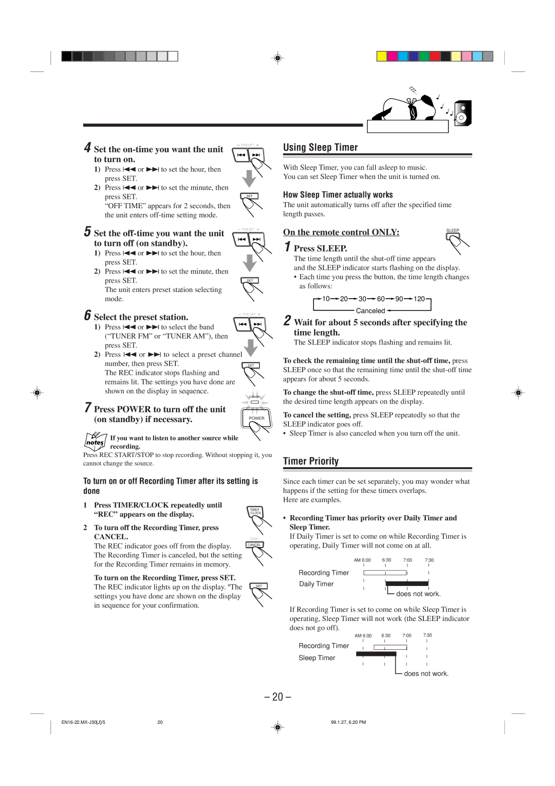 JVC MX-J30 manual Using Sleep Timer, Timer Priority 