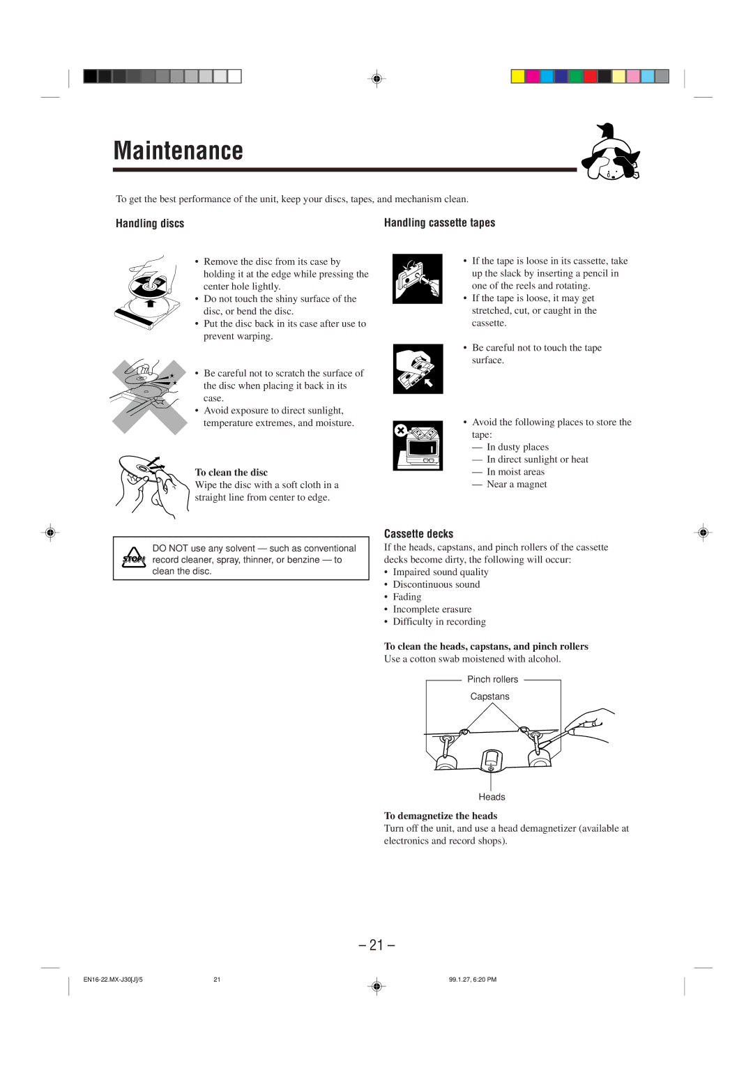 JVC MX-J30 manual Maintenance, Handling discs, Cassette decks 