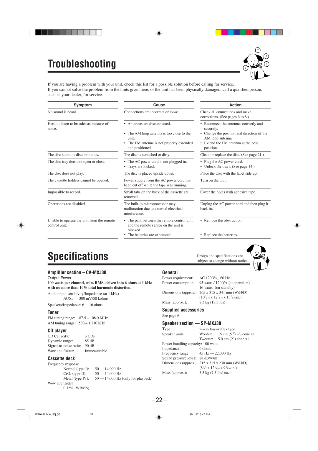 JVC MX-J30 manual Troubleshooting 