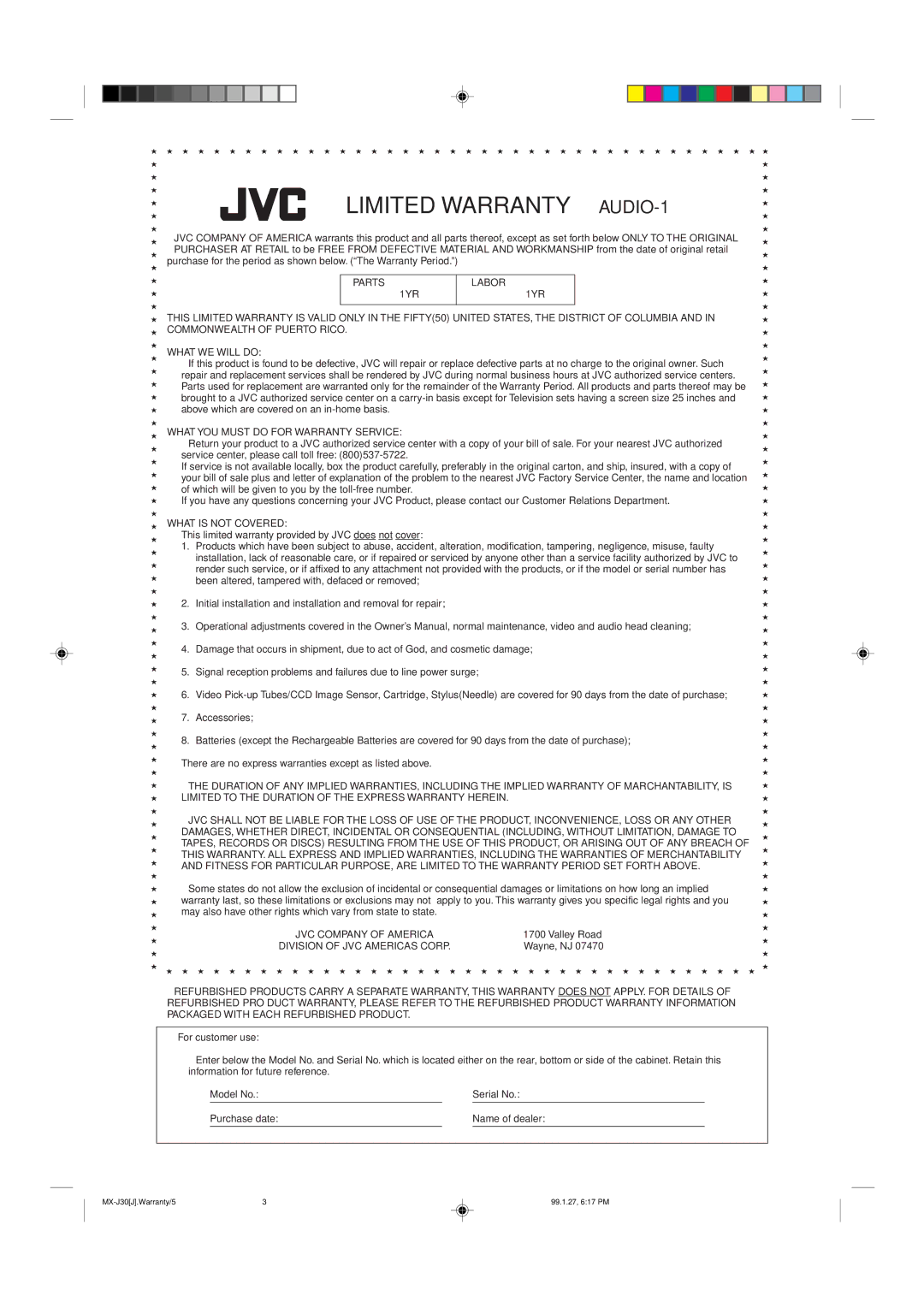 JVC MX-J30 manual Limited Warranty AUDIO-1 