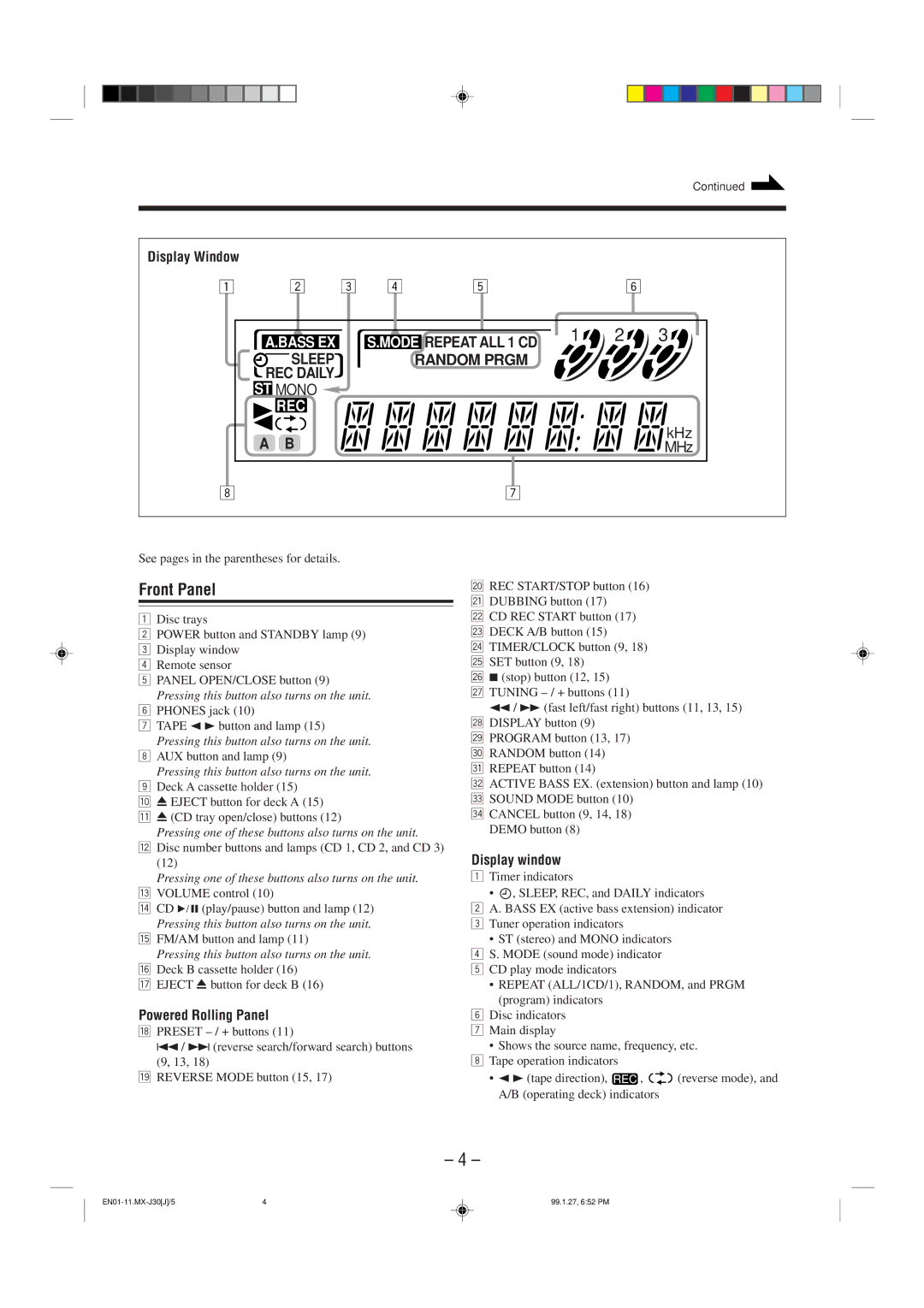 JVC MX-J30 manual Front Panel, Display Window 