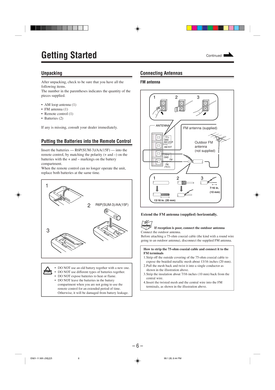 JVC MX-J30 manual Getting Started, Unpacking, Connecting Antennas, Extend the FM antenna supplied horizontally 