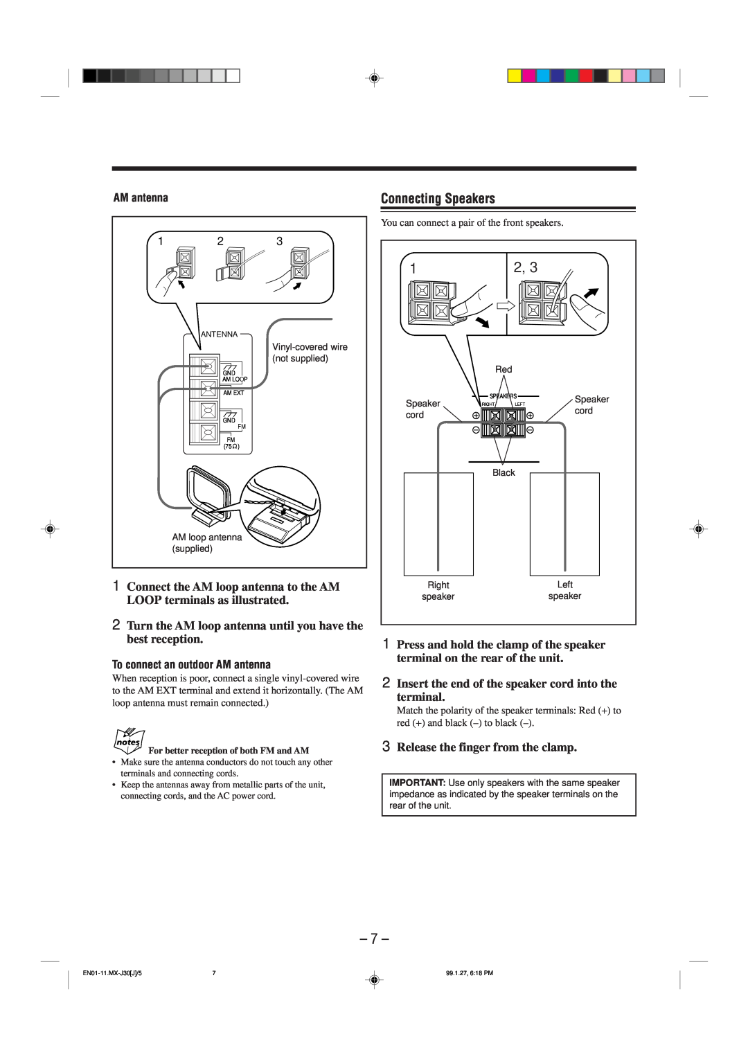 JVC MX-J30 manual Connecting Speakers, Connect the AM loop antenna to the AM LOOP terminals as illustrated, AM antenna 