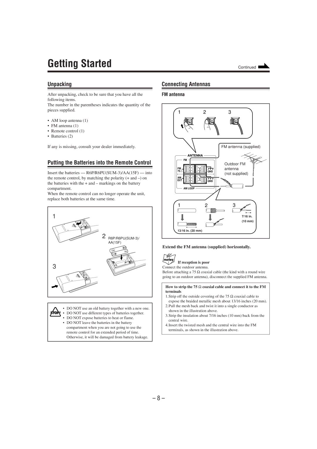 JVC MX-J300 manual Getting Started, Unpacking, Connecting Antennas, Extend the FM antenna supplied horizontally 