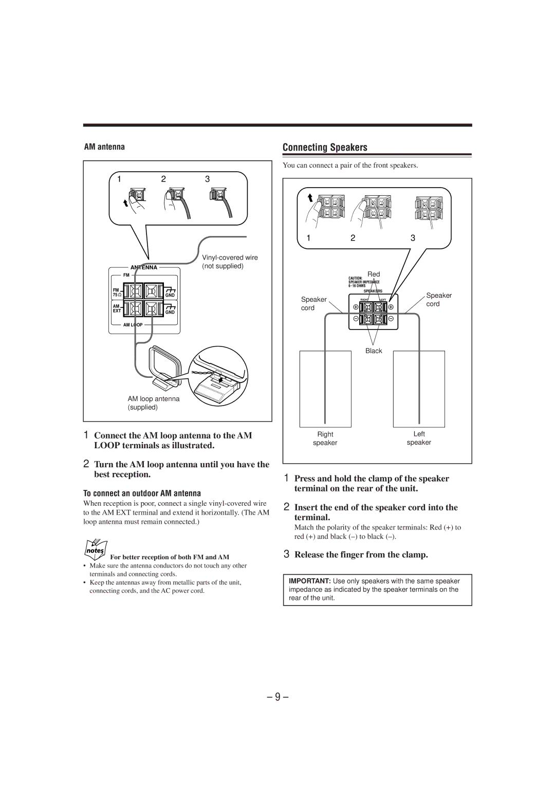 JVC MX-J300 manual Connecting Speakers, Release the finger from the clamp, To connect an outdoor AM antenna 