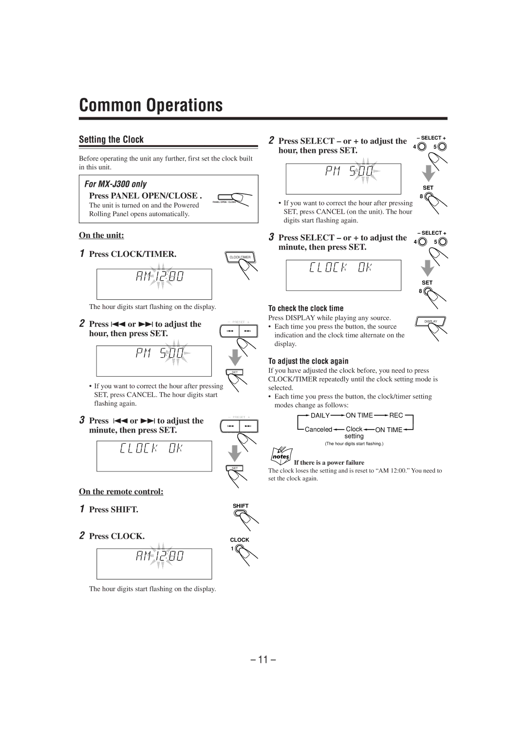 JVC MX-J300 manual Common Operations, Setting the Clock 