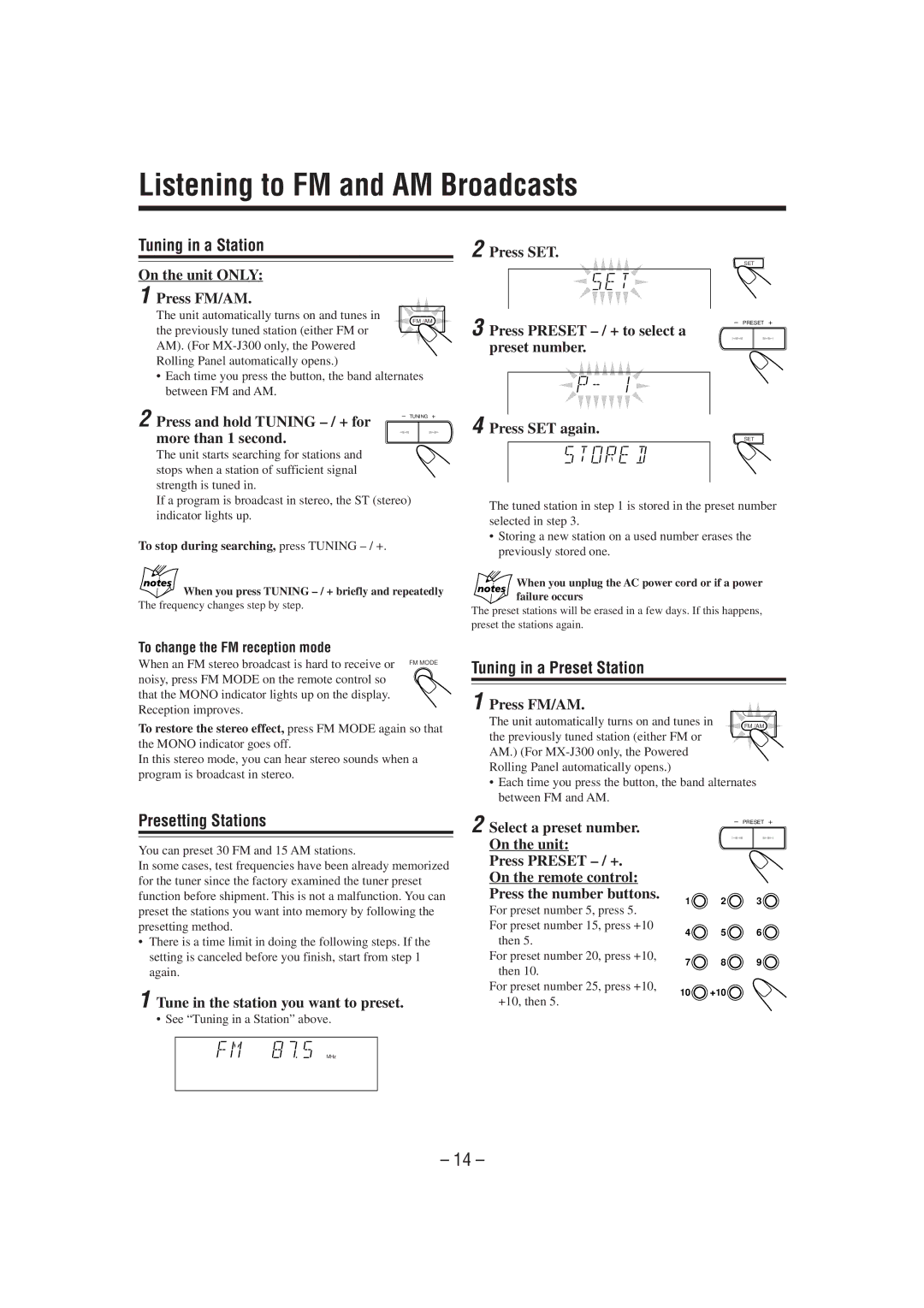 JVC MX-J300 manual Listening to FM and AM Broadcasts, Tuning in a Station, Tuning in a Preset Station, Presetting Stations 