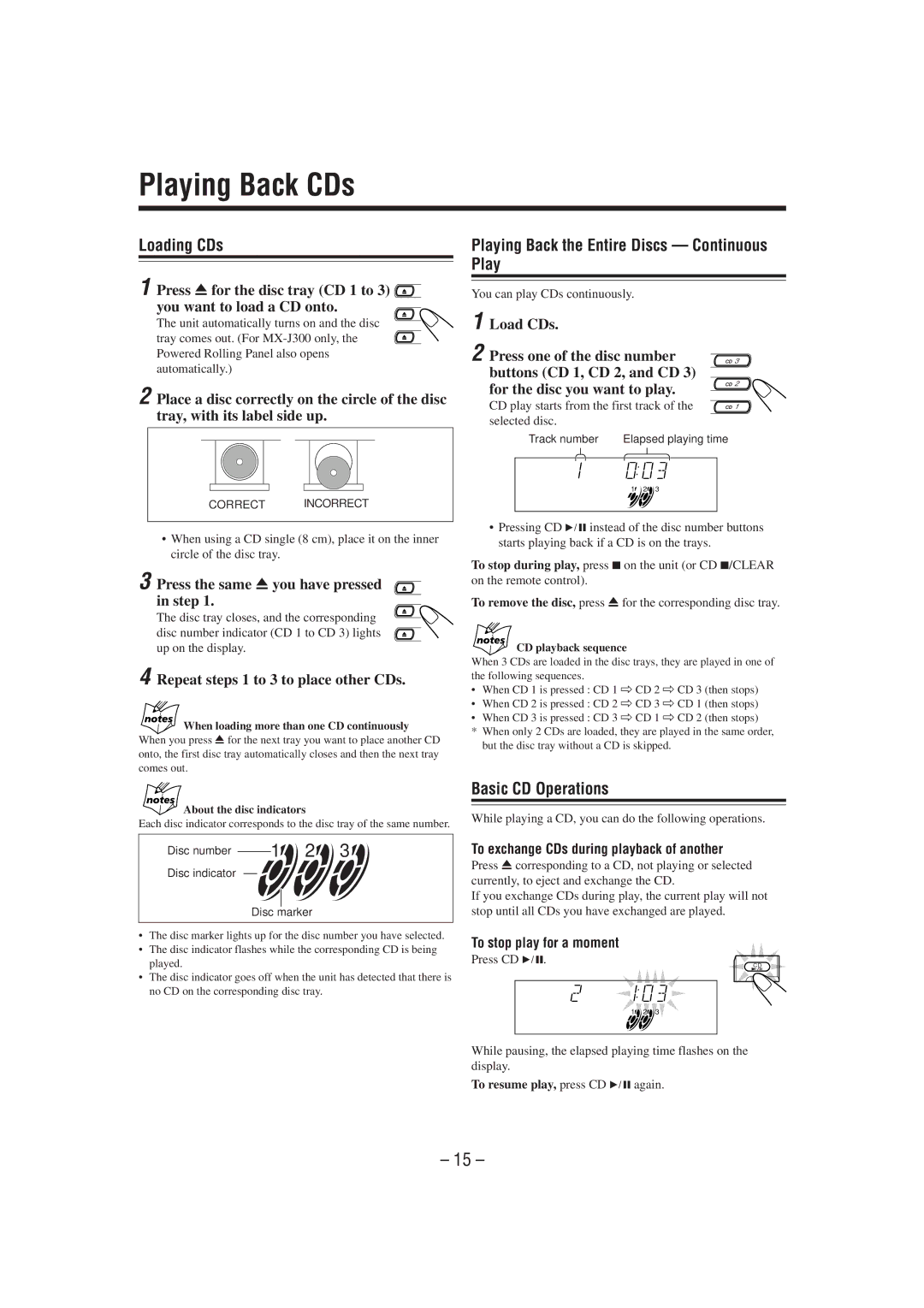 JVC MX-J300 manual Playing Back CDs, Loading CDs, Playing Back the Entire Discs Continuous Play, Basic CD Operations 