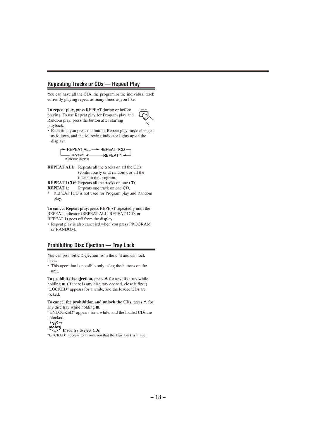 JVC MX-J300 manual Repeating Tracks or CDs Repeat Play, Prohibiting Disc Ejection Tray Lock, If you try to eject CDs 