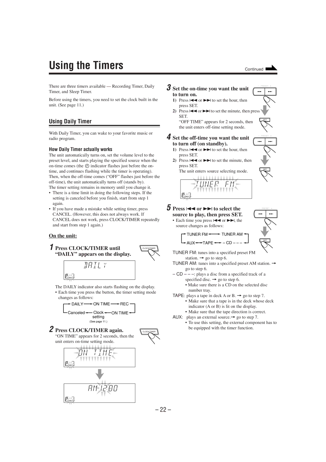 JVC MX-J300 manual Using the Timers, Using Daily Timer 