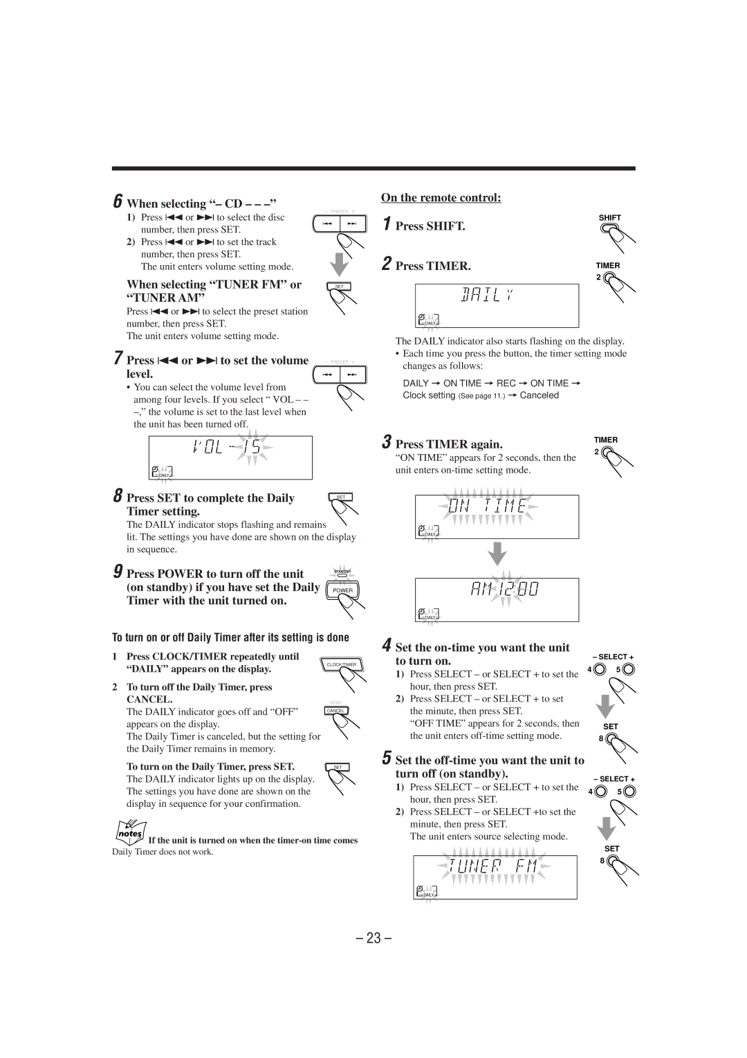 JVC MX-J300 manual When selecting CD, When selecting Tuner FM or Tuner AM, Press 4or ¢to set the volume level, Press Timer 