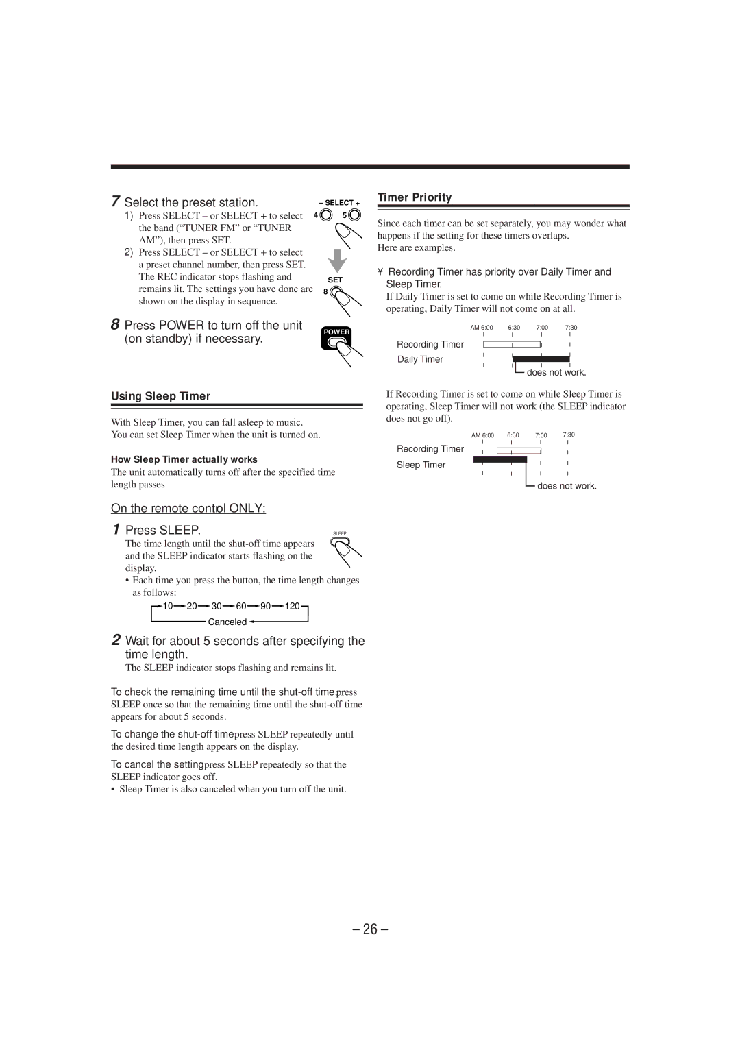JVC MX-J300 manual Timer Priority, Using Sleep Timer, Select the preset station, On the remote control only Press Sleep 