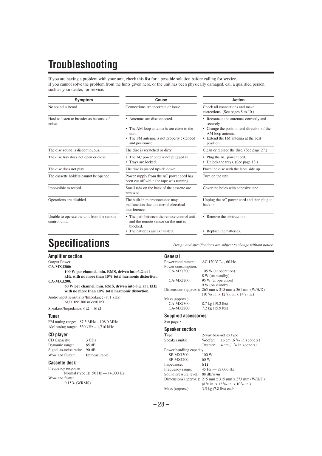 JVC MX-J300 manual Troubleshooting, Specifications 