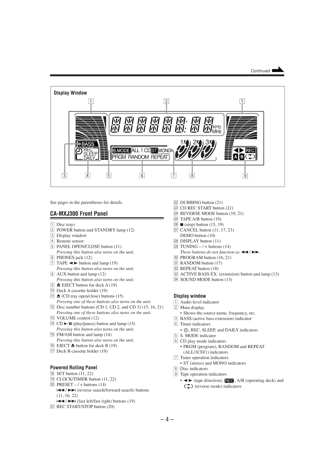 JVC MX-J300 manual CA-MXJ300 Front Panel, Display Window, Powered Rolling Panel 