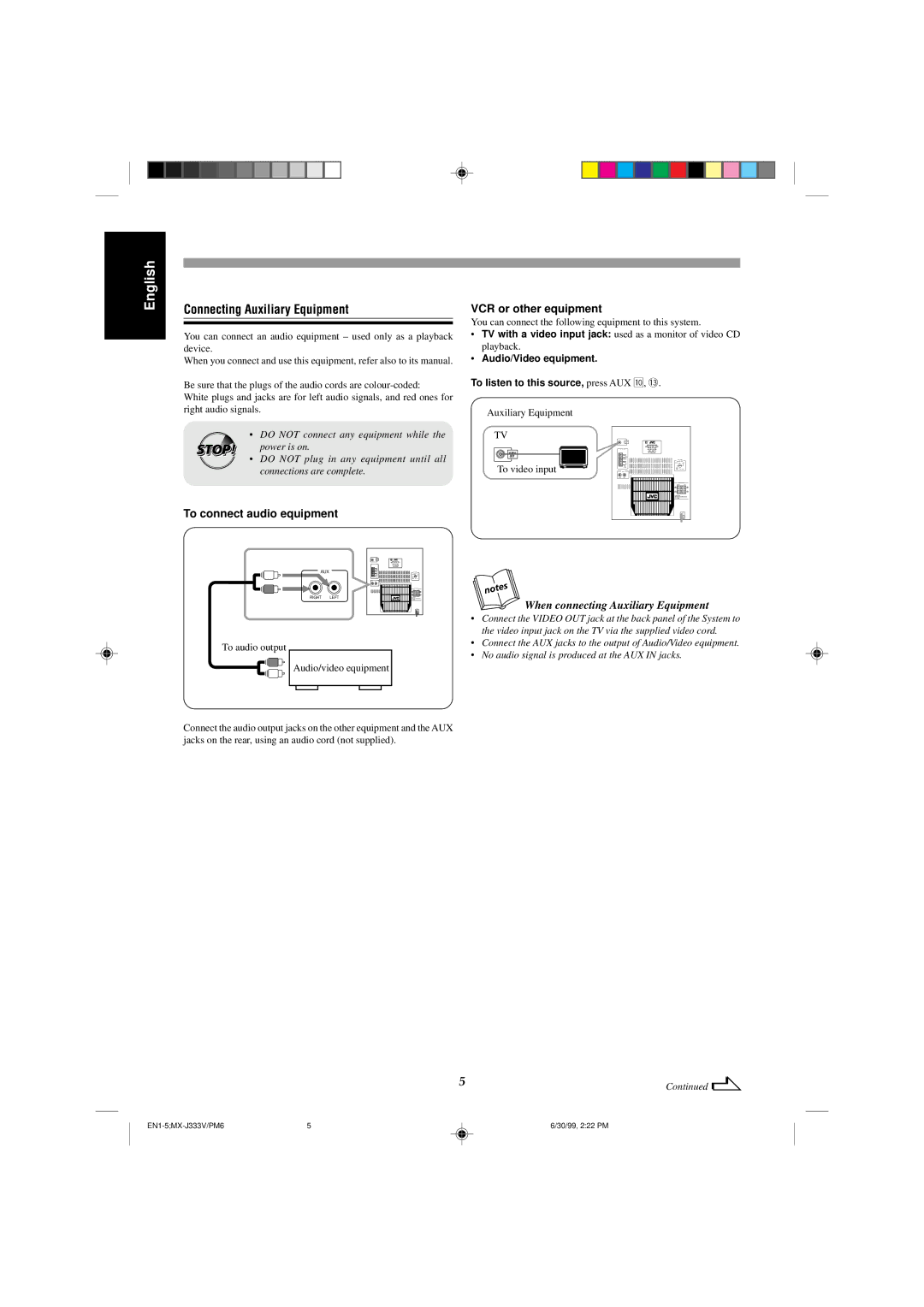 JVC MX-J333VU manual Connecting Auxiliary Equipment, VCR or other equipment, To connect audio equipment 