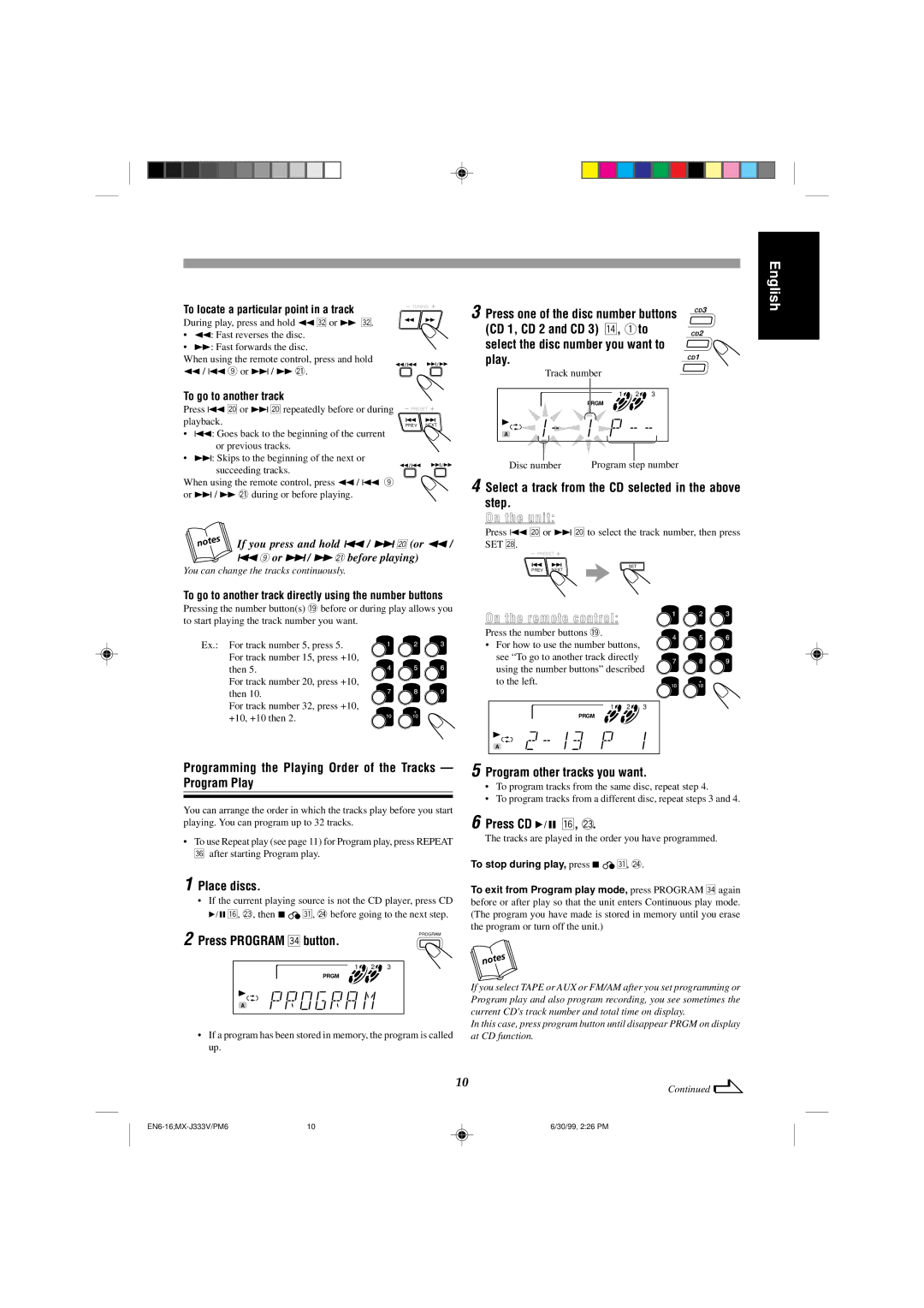JVC MX-J333VU On the remote control, Programming the Playing Order of the Tracks Program Play, Press CD 6 y, Place discs 