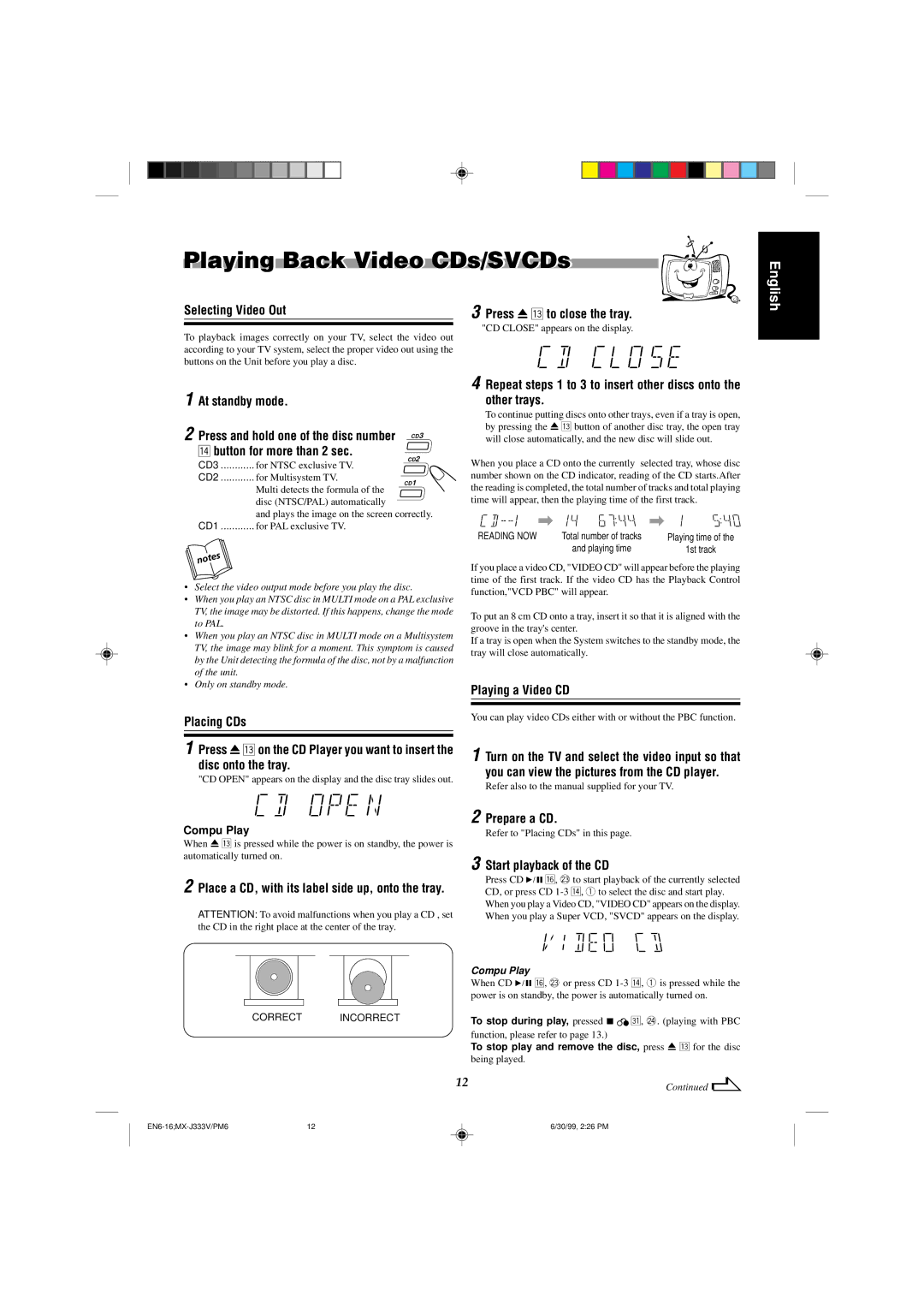 JVC MX-J333VU manual Playing Back Video CDs/SVCDs 