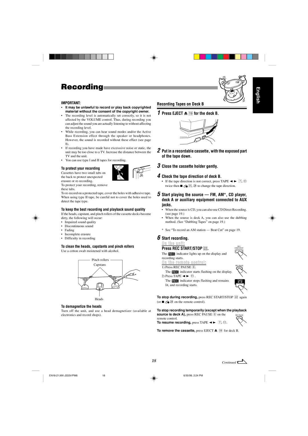 JVC MX-J333VU manual Recording, Press REC START/STOP s, To clean the heads, capstants and pinch rollers 