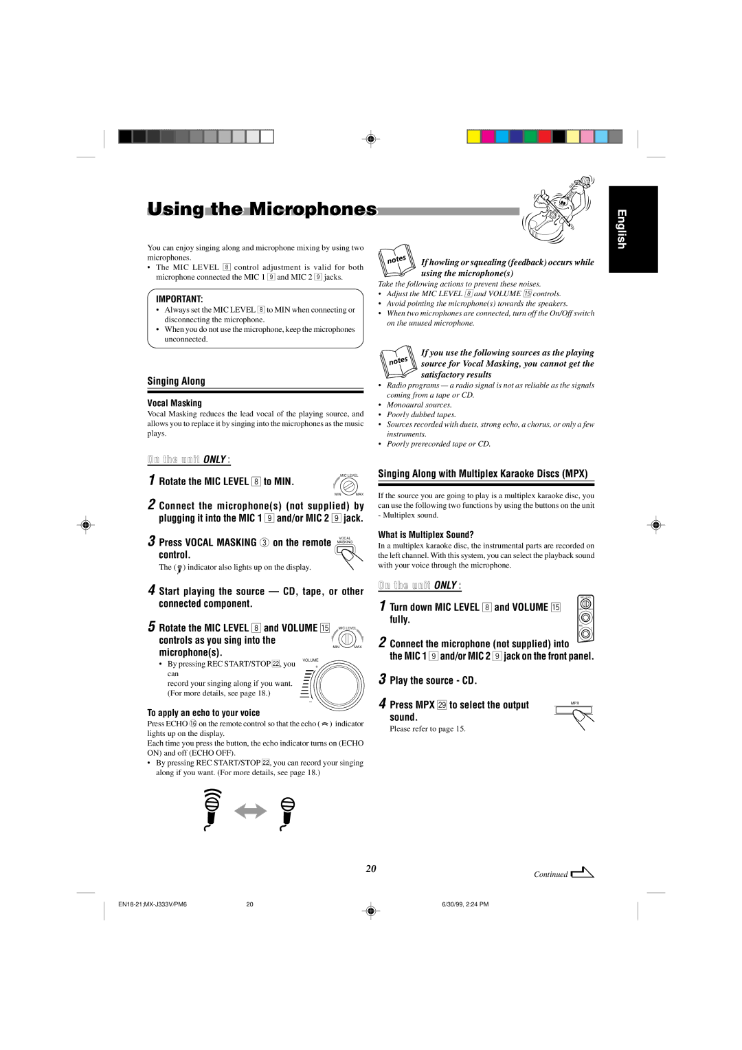 JVC MX-J333VU manual Using the Microphones 