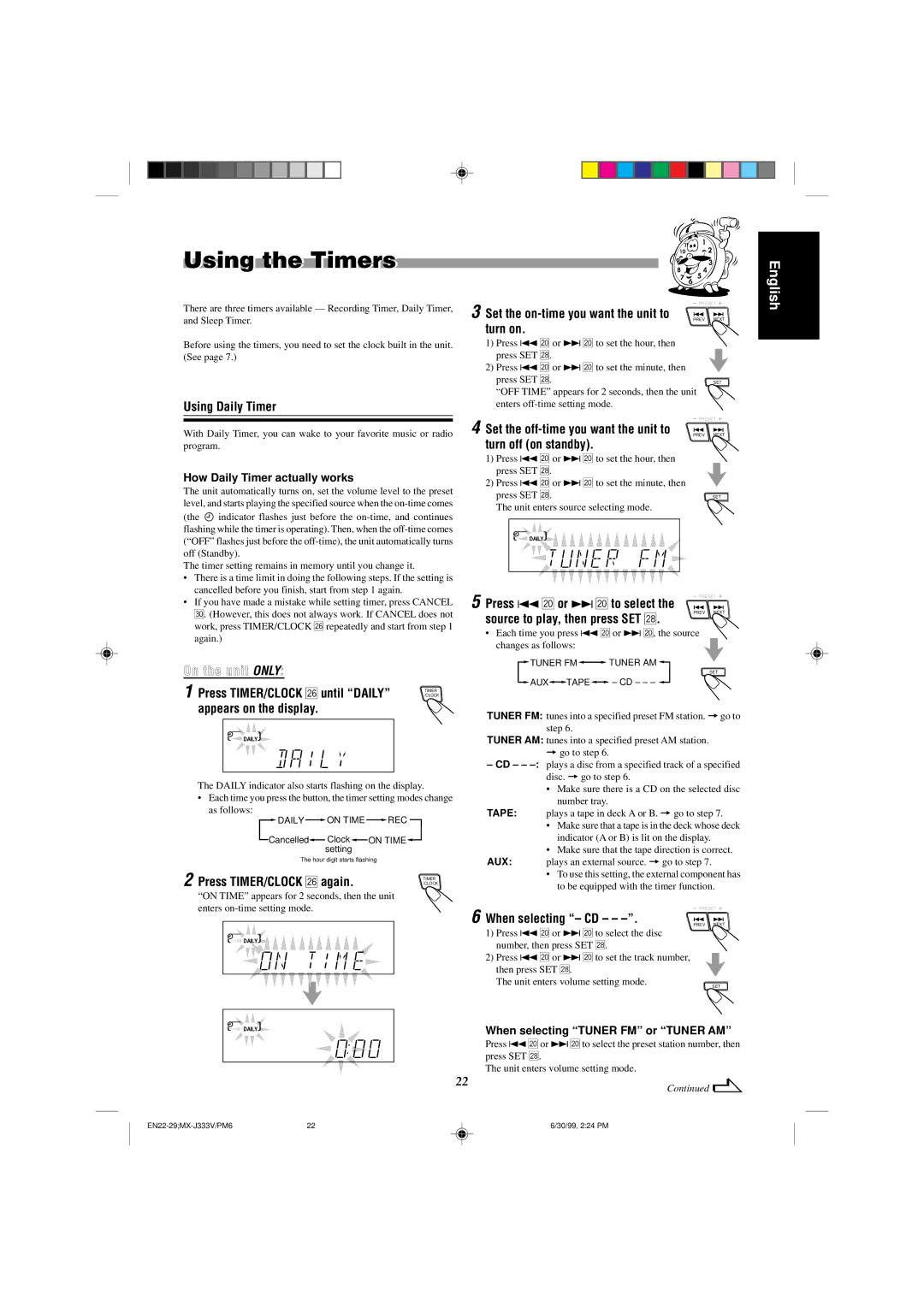 JVC MX-J333VU manual Using the Timers 