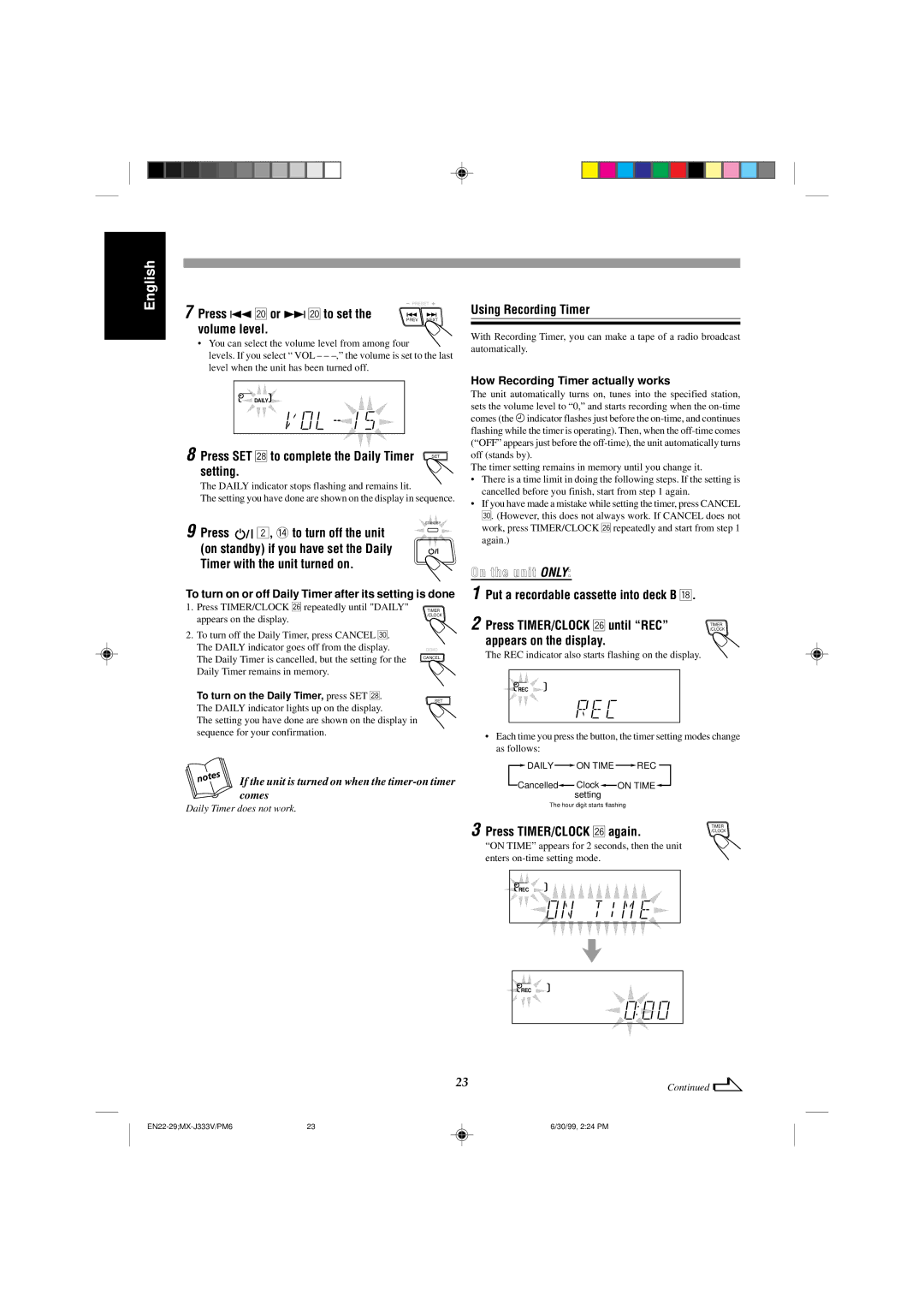 JVC MX-J333VU manual Press 4 or ¢ to set, Using Recording Timer, Volume level, Setting 