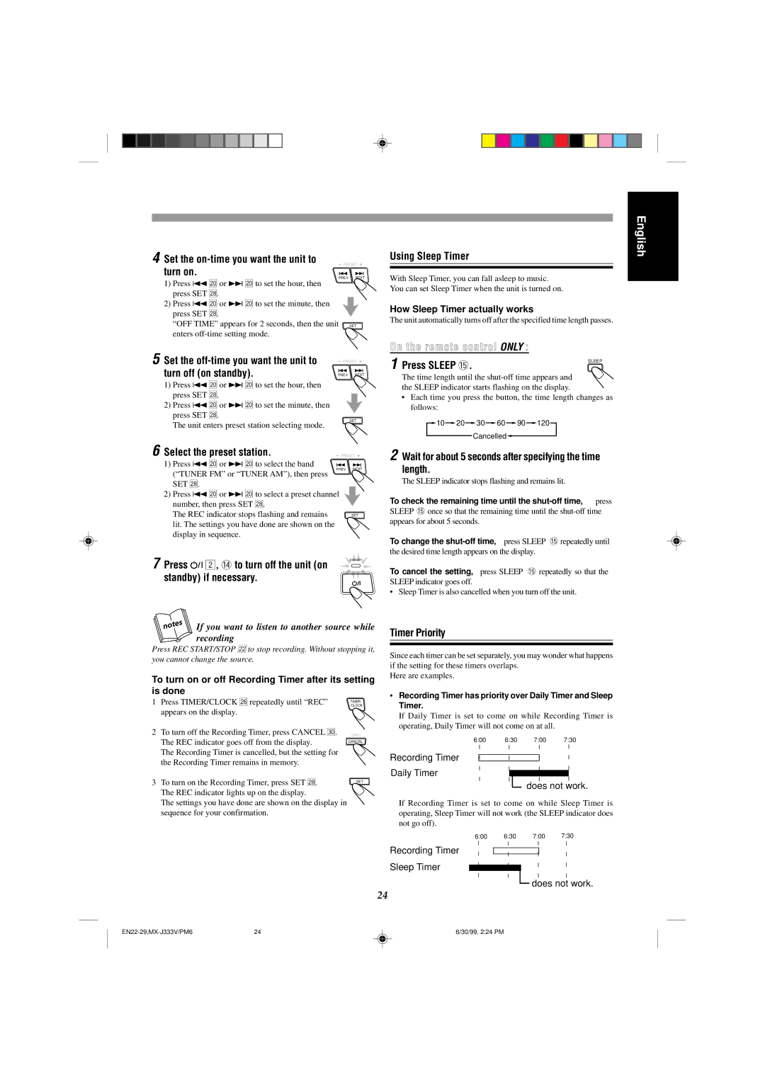 JVC MX-J333VU manual Using Sleep Timer, On the remote control only Press Sleep @, Select the preset station, Timer Priority 