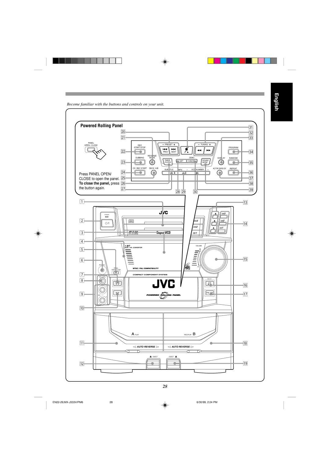 JVC MX-J333VU manual Powered Rolling Panel, Press Panel Open, Button again 