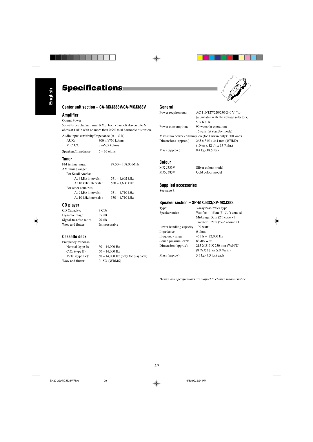 JVC MX-J333VU manual Specifications 