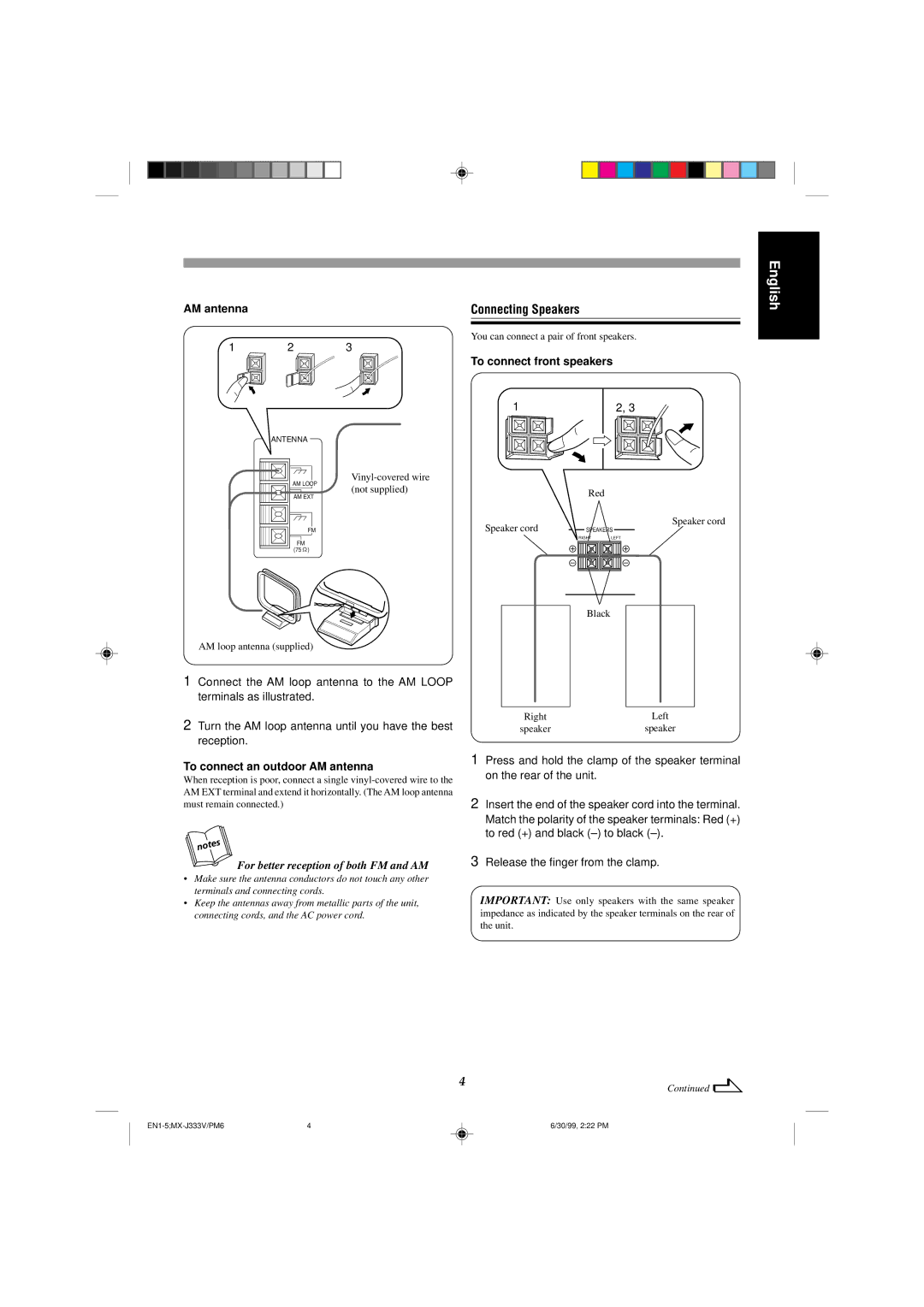 JVC MX-J333VU manual Connecting Speakers, To connect front speakers, To connect an outdoor AM antenna 