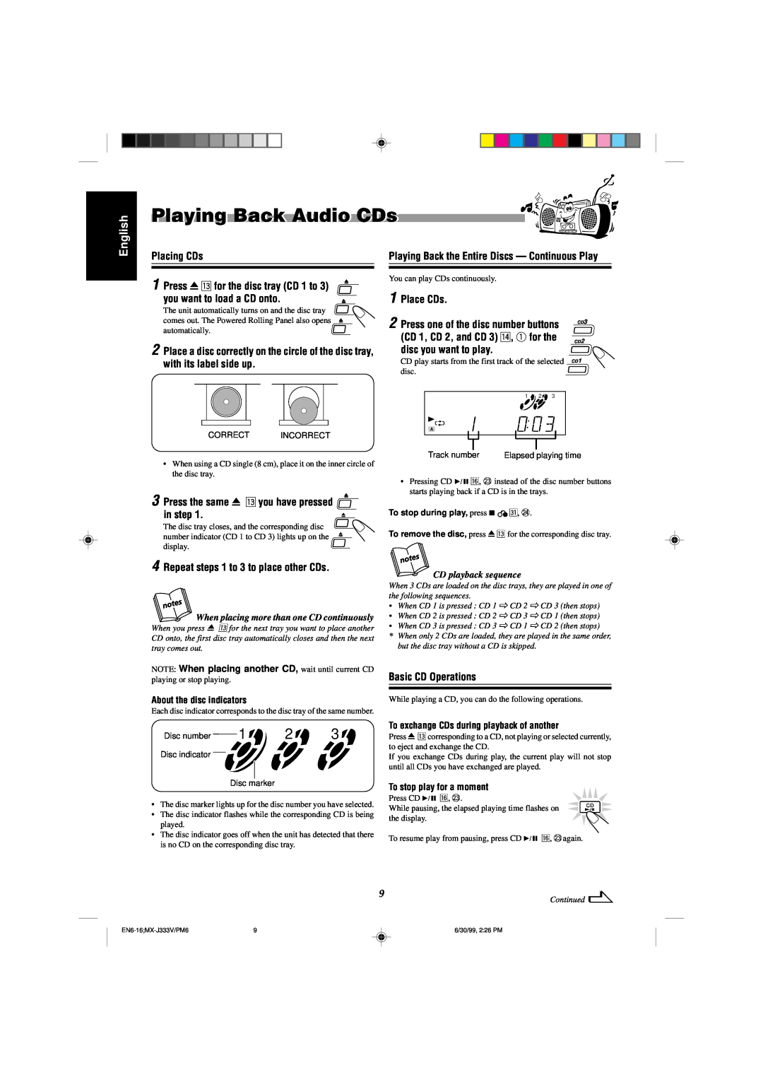 JVC MX-J333VU manual Playing Back Audio CDs, English, Placing CDs, Press the same 0 e you have pressed in step, Place CDs 
