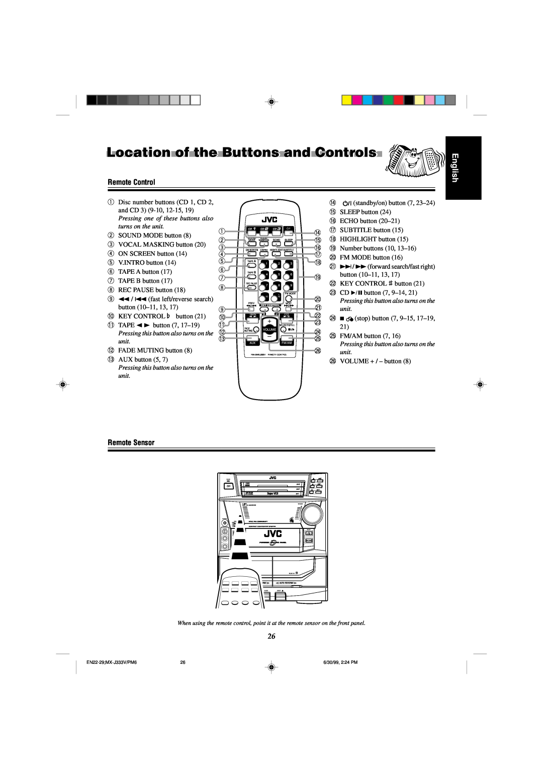 JVC MX-J333VU manual Location of the Buttons and Controls, English, Remote Control, Remote Sensor 