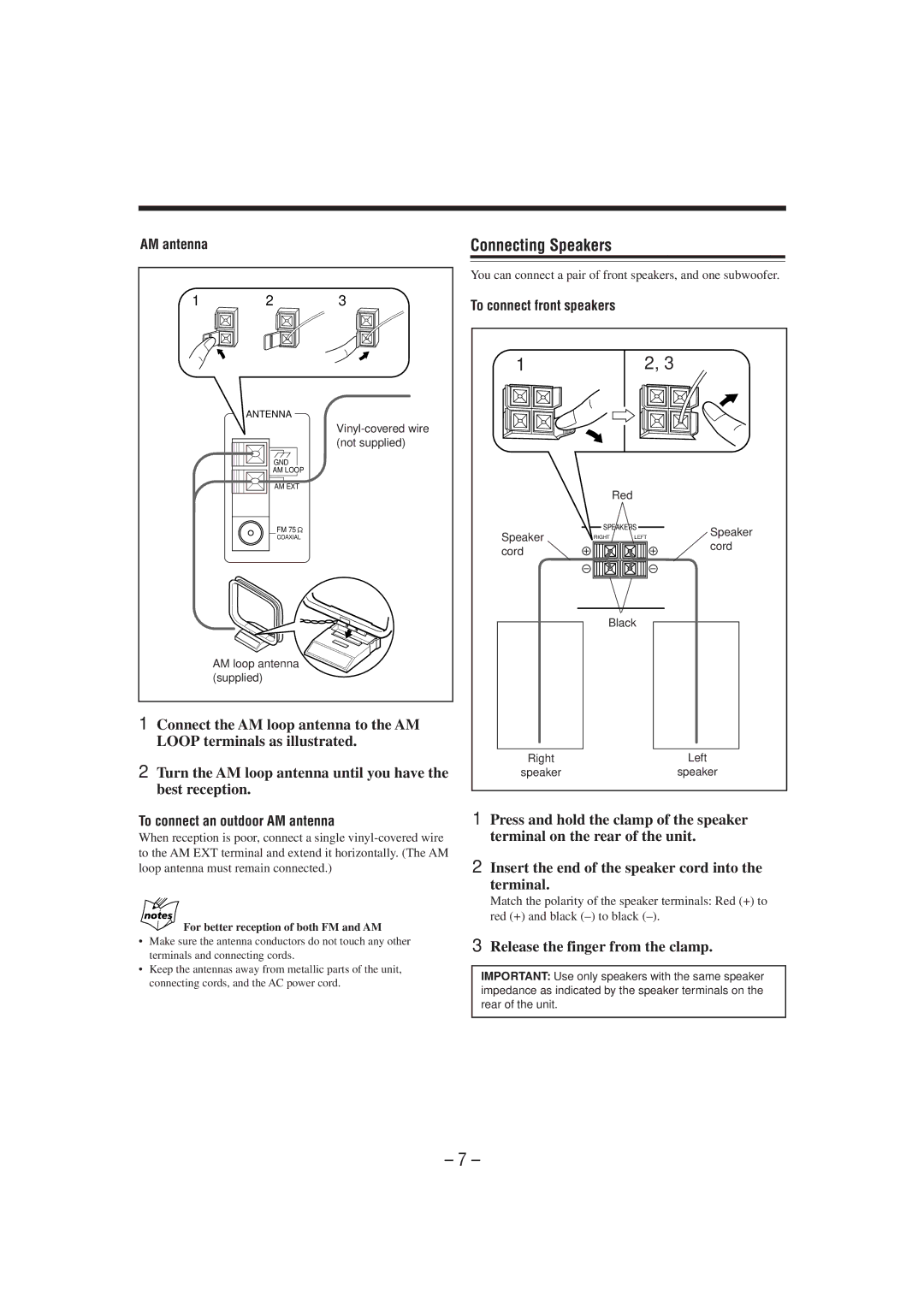 JVC MX-J50 manual Connecting Speakers, Release the finger from the clamp, AM antenna, To connect front speakers 