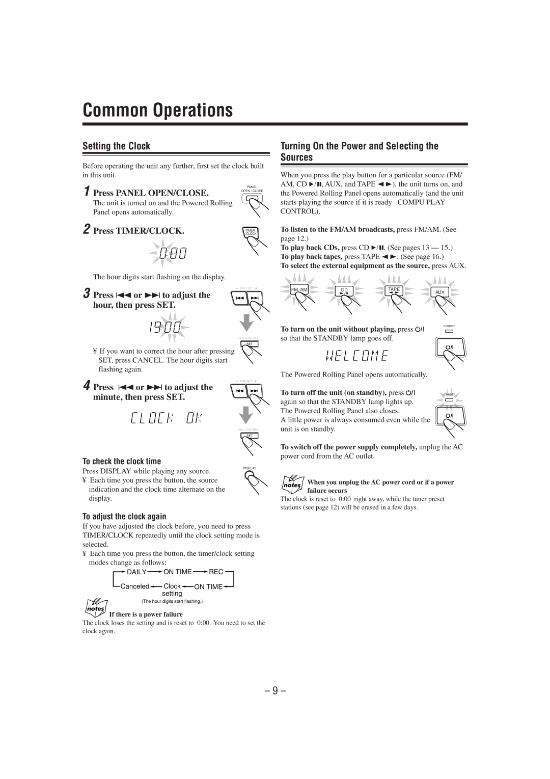 JVC MX-J50 manual Common Operations, Setting the Clock, Turning On the Power and Selecting the Sources 