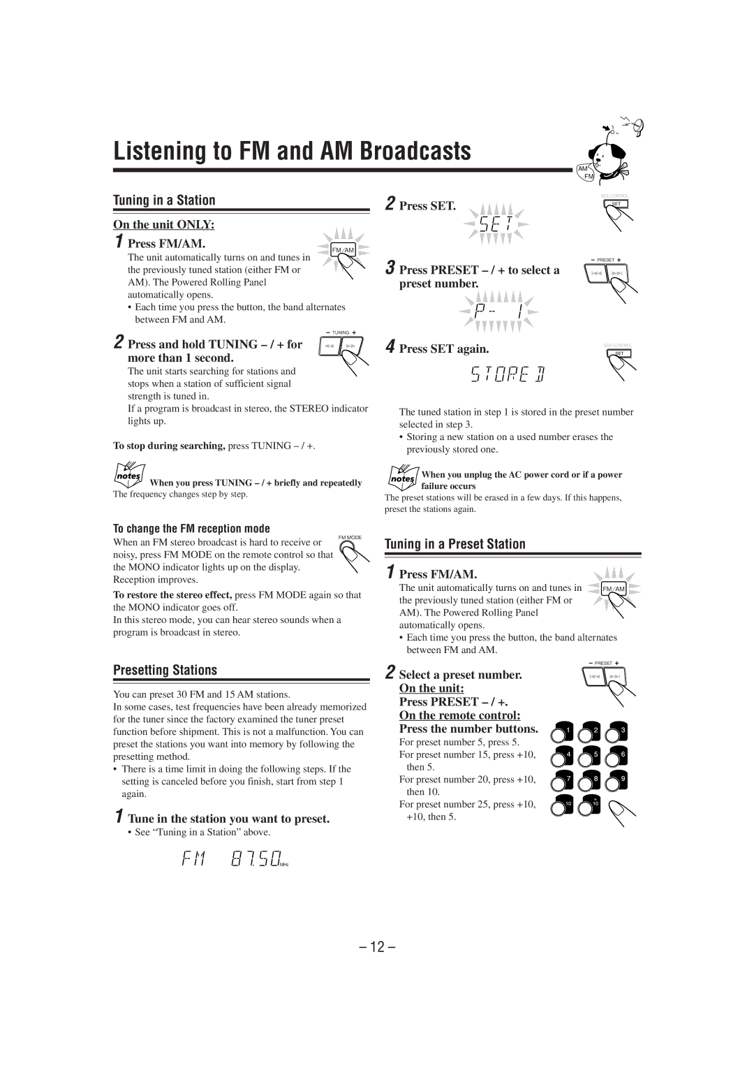 JVC MX-J50 manual Listening to FM and AM Broadcasts, Tuning in a Station, Tuning in a Preset Station, Presetting Stations 