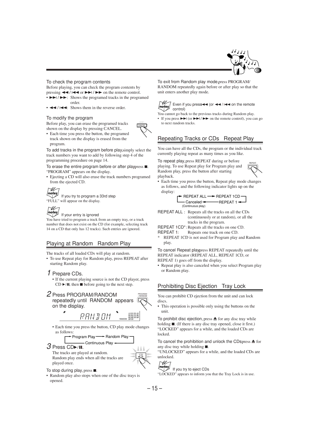 JVC MX-J50 manual Playing at Random Random Play, Repeating Tracks or CDs Repeat Play, Prohibiting Disc Ejection Tray Lock 
