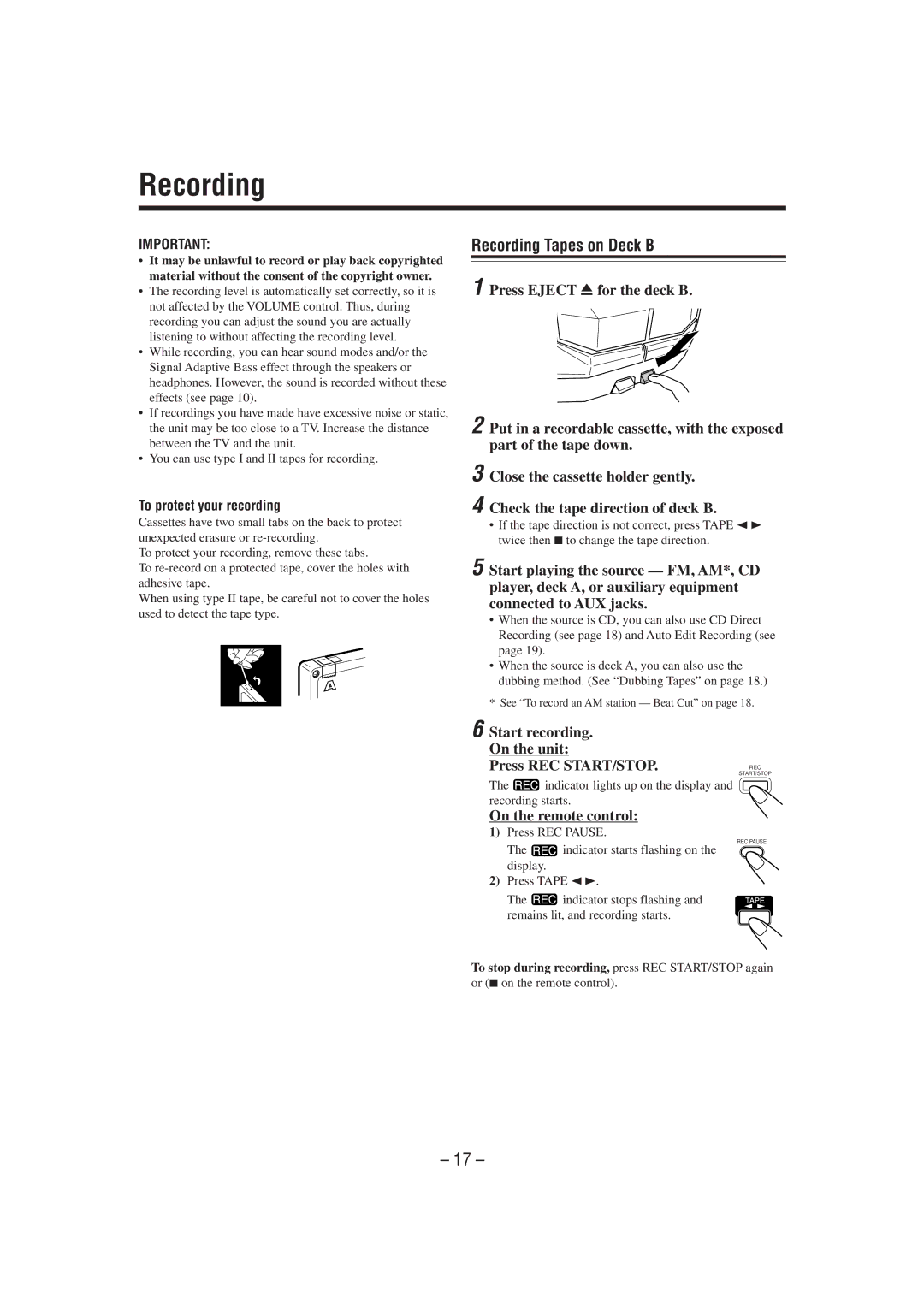JVC MX-J50 manual Recording Tapes on Deck B, Start recording. On the unit Press REC START/STOP, On the remote control 